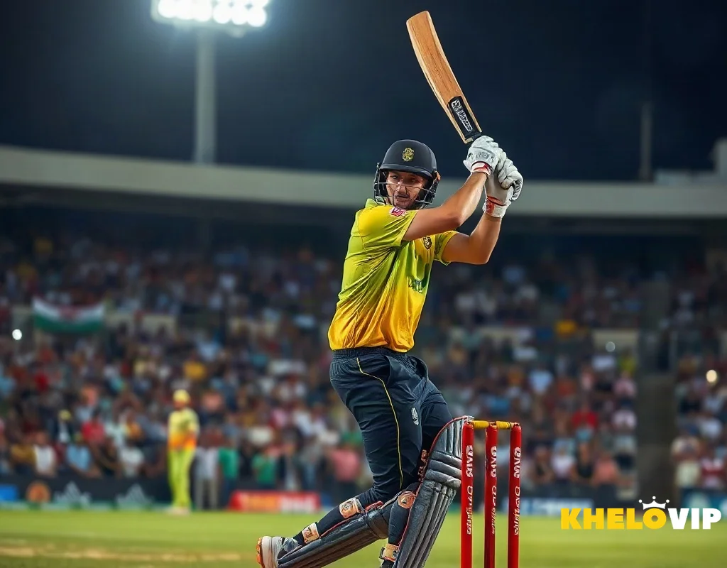 Cricket batsman playing a shot under stadium lights, representing online cricket betting action.