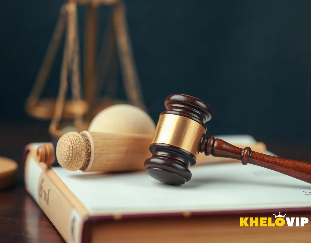 Gavel and law book with cricket ball, representing legality of cricket betting apps in India.