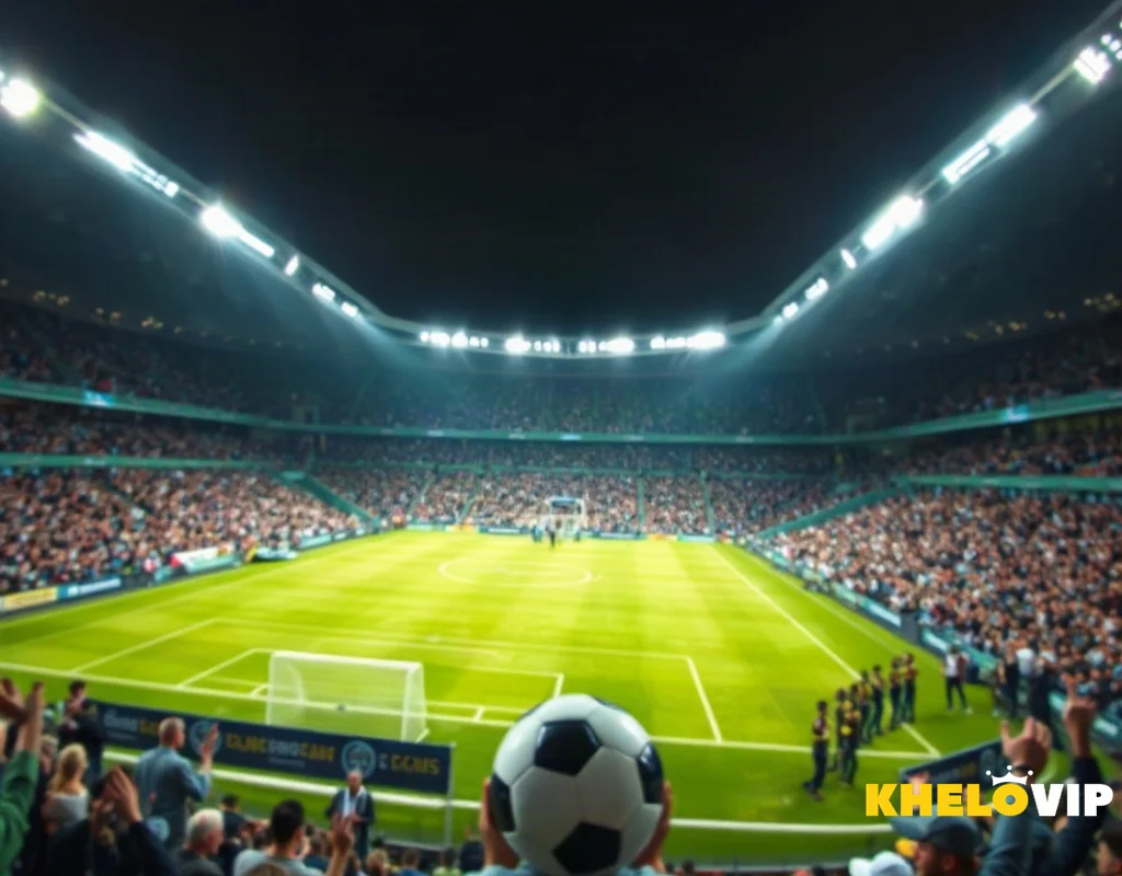 Football stadium at night with floodlights and a soccer ball on the pitch, representing KHELOVIP football betting.