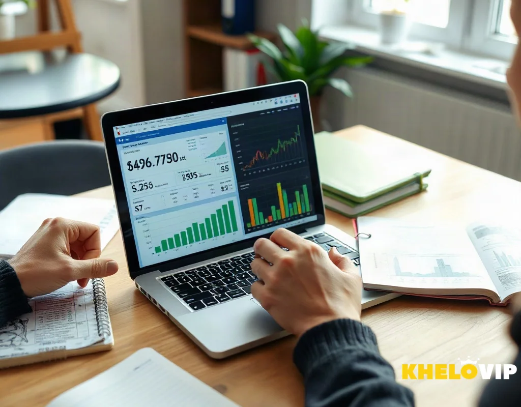 Person analyzing football betting tips and strategies on a laptop for KHELOVIP.