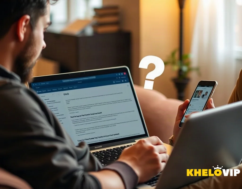 Person reading FAQ about KHELOVIP football betting on a laptop.