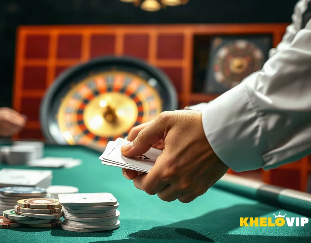 Live dealer shuffling cards with roulette wheel