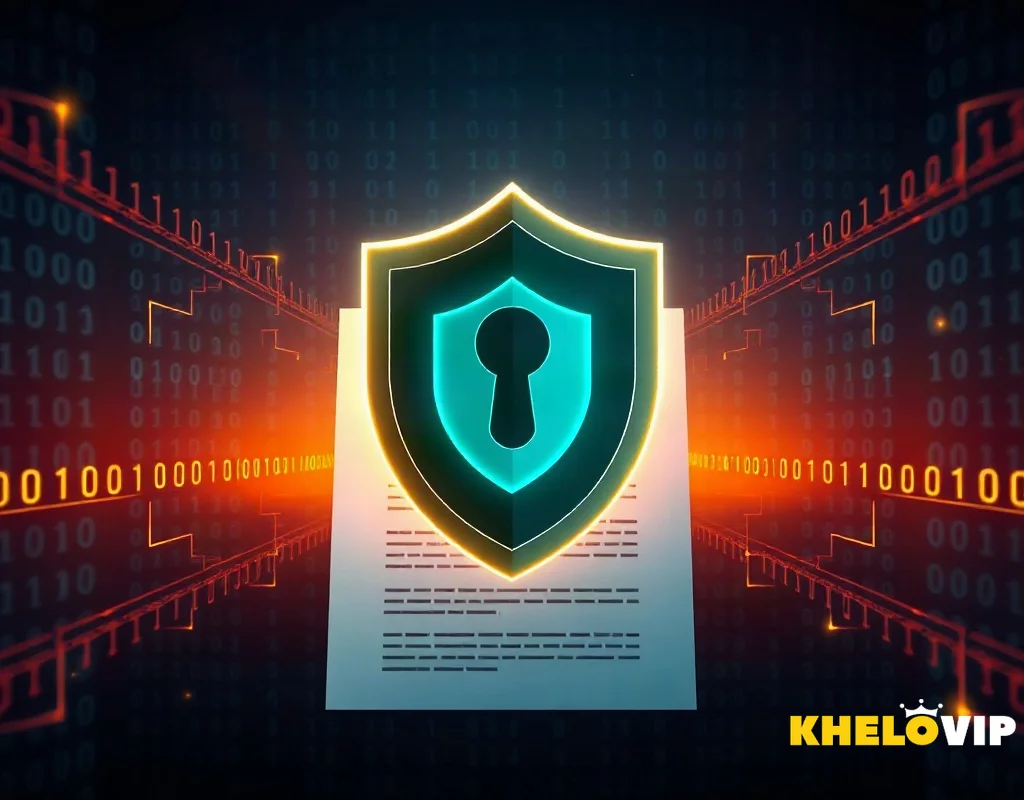 KHELOVIP privacy policy overview with shield and digital document symbolizing data protection