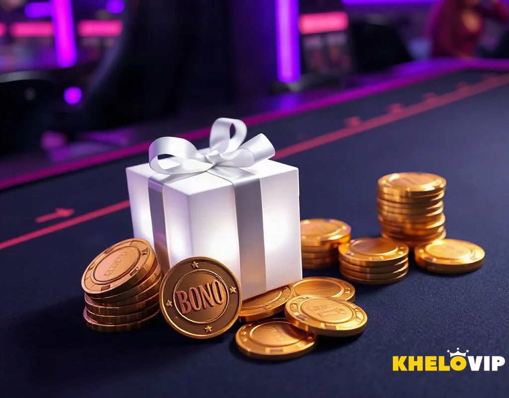 KheloVIP promotion bonuses illustrated with glowing chips and a gift box on a casino table