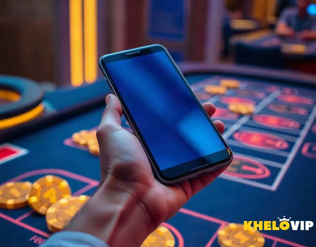 Player claiming KheloVIP promotions on a smartphone above a casino table with chips