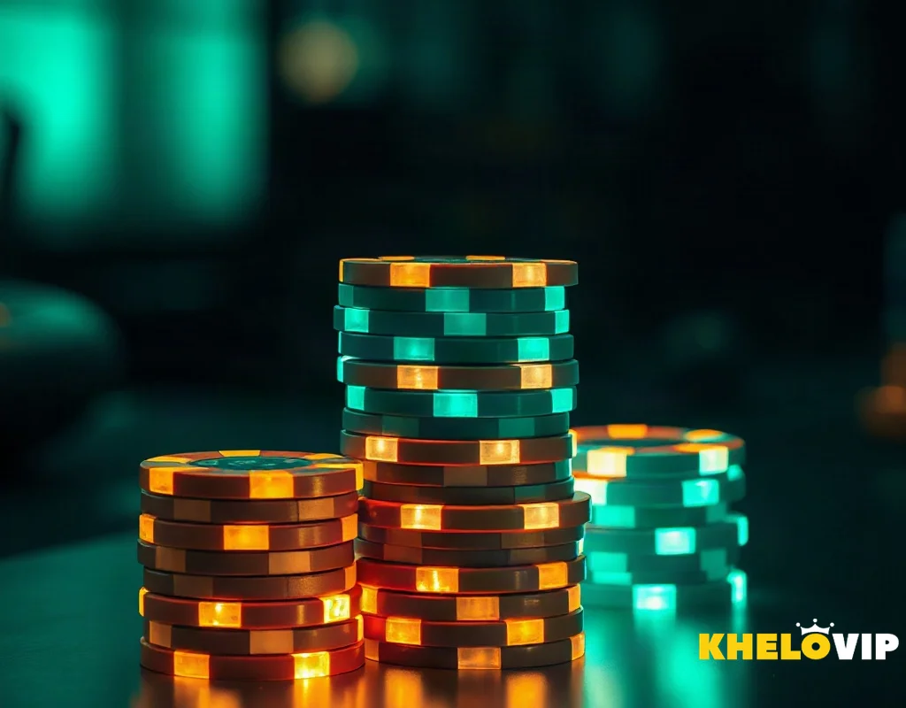 Three stacks of casino chips comparing welcome, reload, and cashback KheloVIP offers