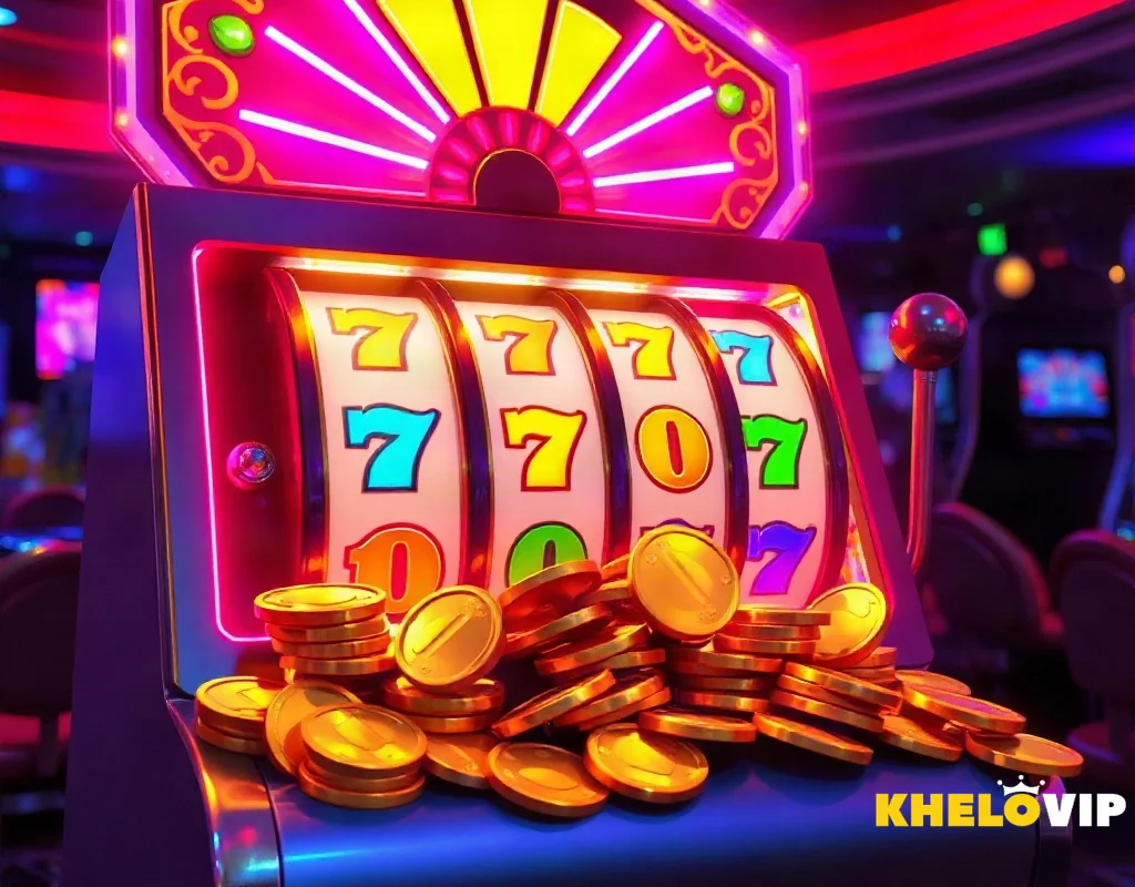 KHELOVIP slot games with vibrant reels and gold coins in a casino setting