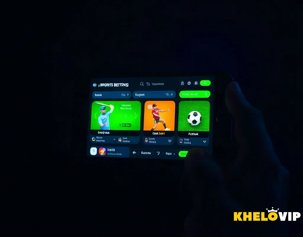 KHELOVIP sports betting dashboard on smartphone with cricket and football icons