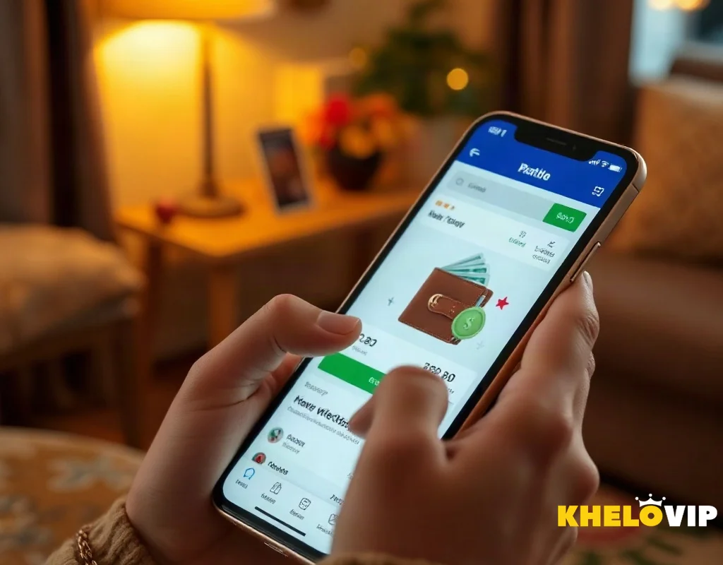 KHELOVIP withdrawal process on smartphone with wallet and cash icons