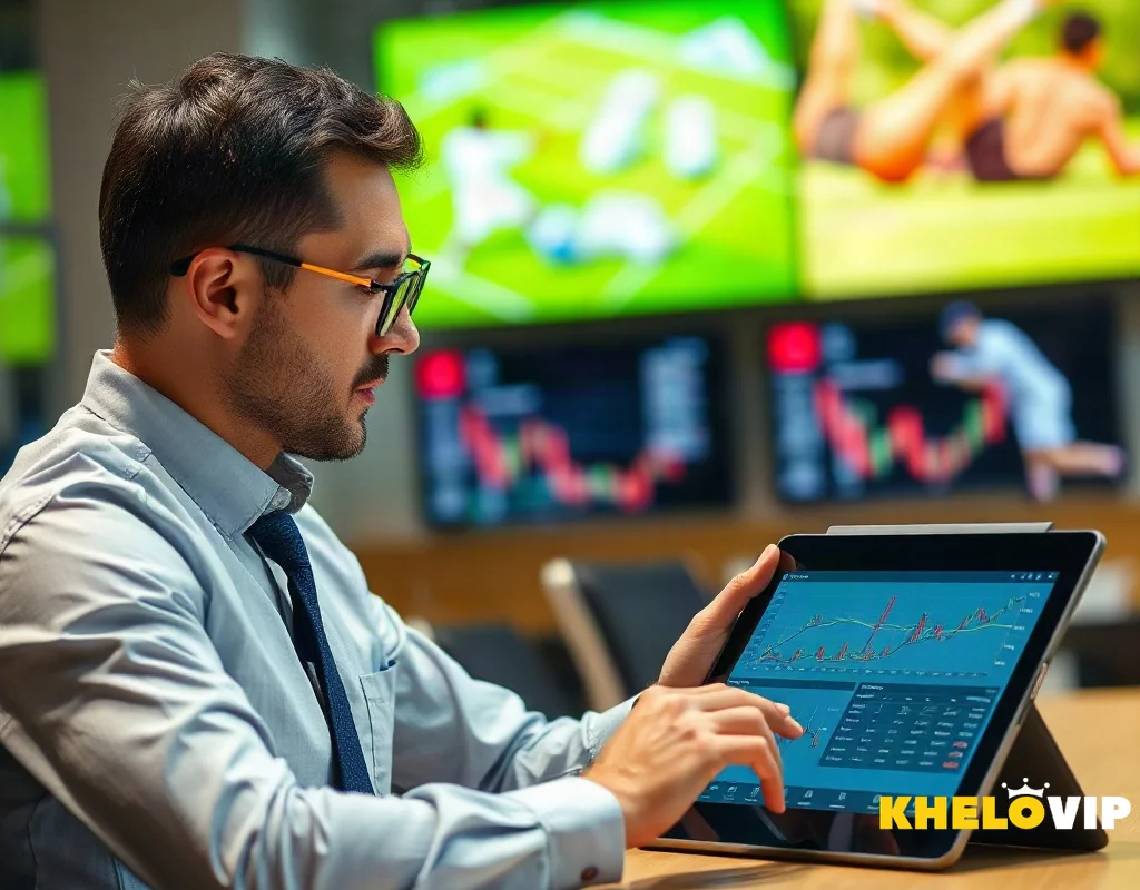 Sports analyst reviewing VIP betting tips on tablet with graphs