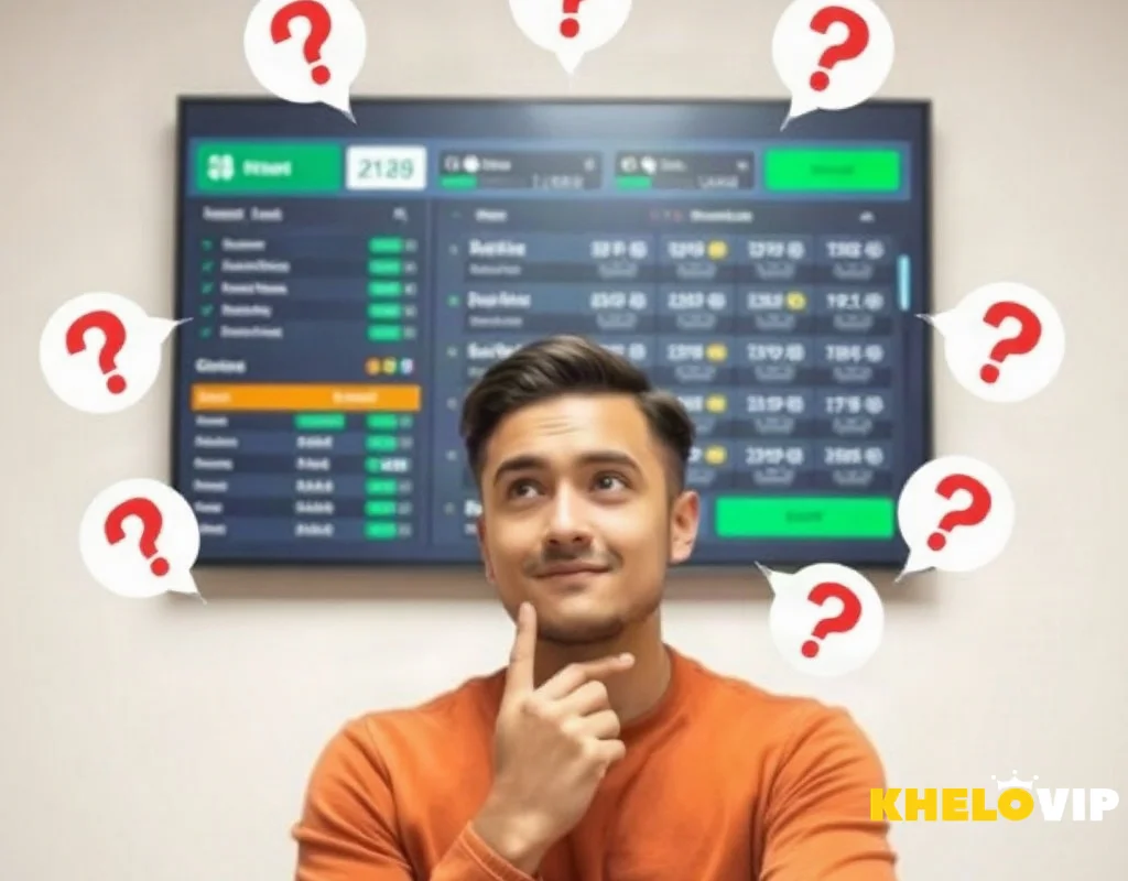 FAQ about KHELOVIP sports betting with question marks and betting interface