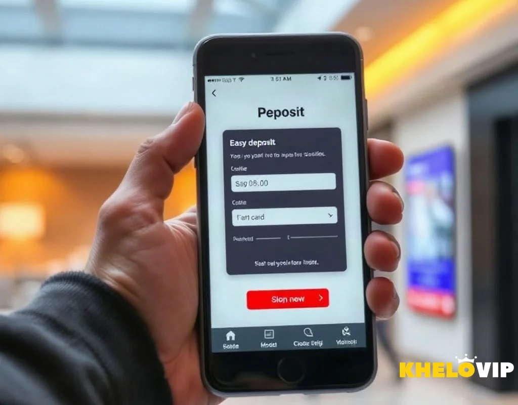 Player making first deposit on smartphone to claim KHELOVIP Welcome Bonus